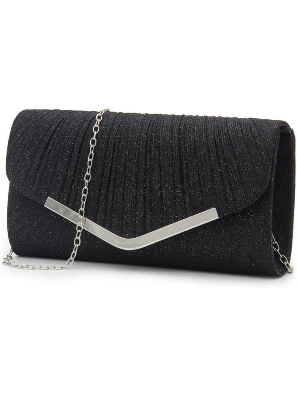 Womens Black Sparkling Pleated Silver V Trim Envelope Chain Evening Bag Clutch